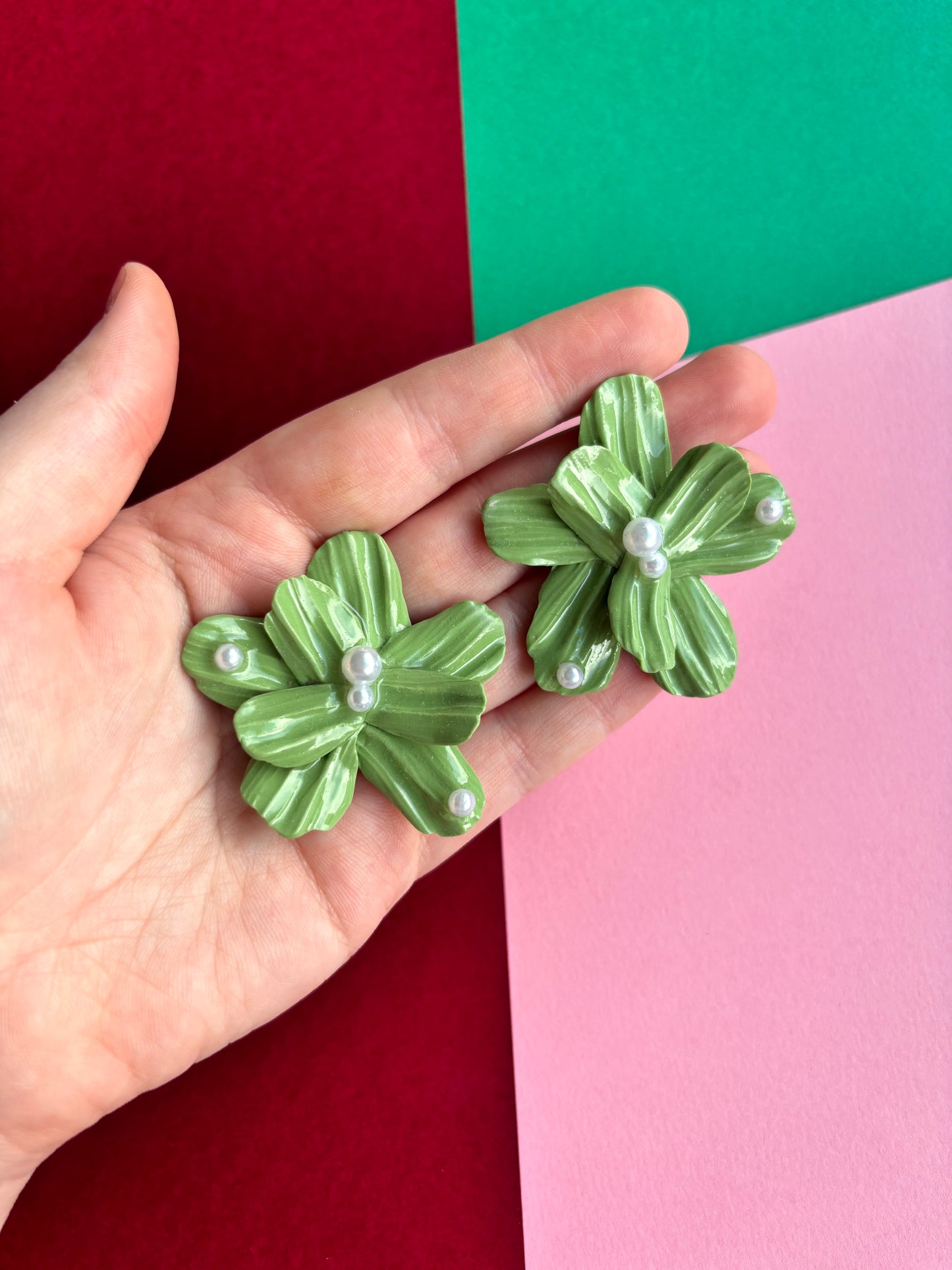 Green Pearl Flower Studs