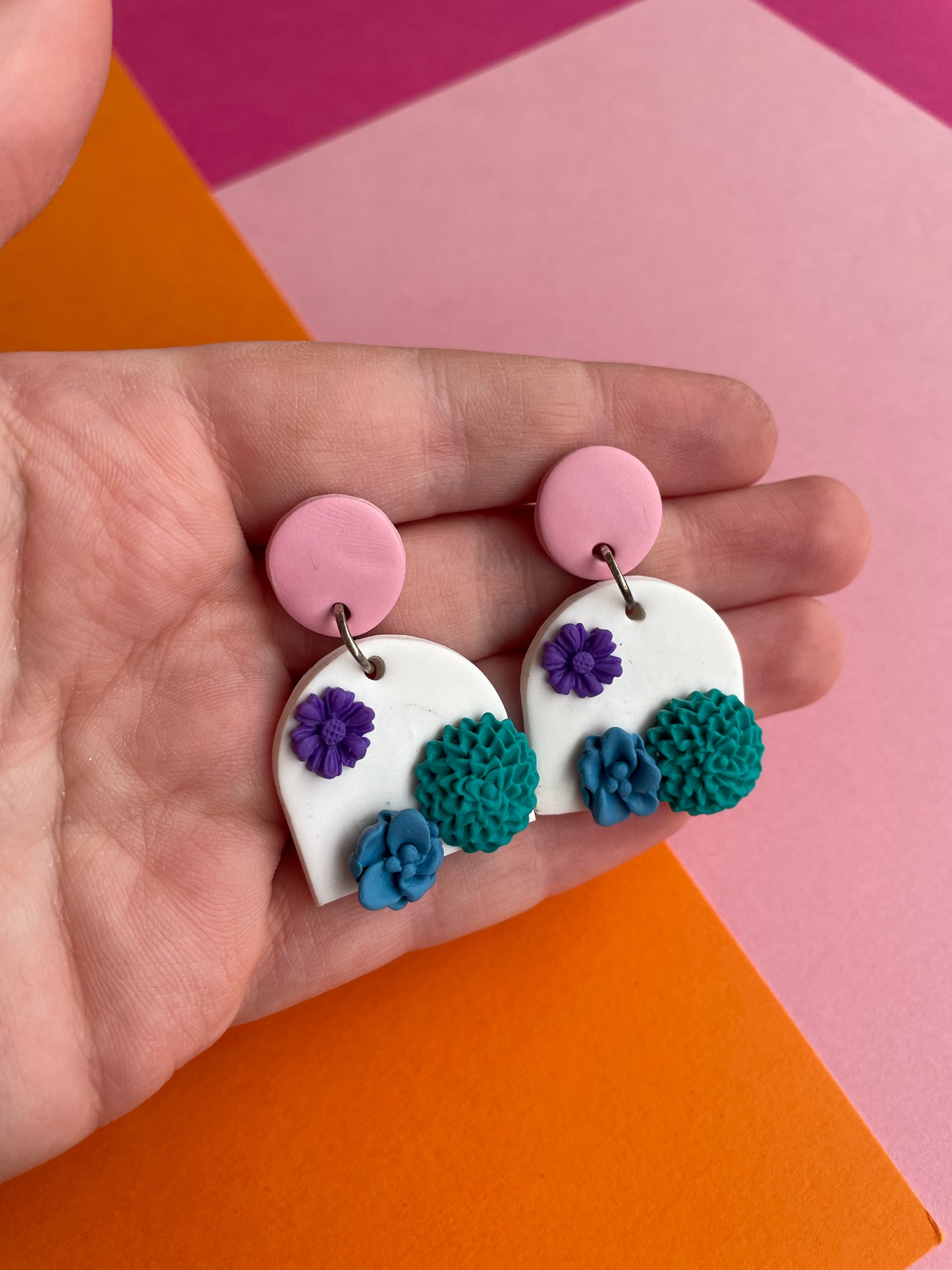 Florals on White Stud Dangle Earrings