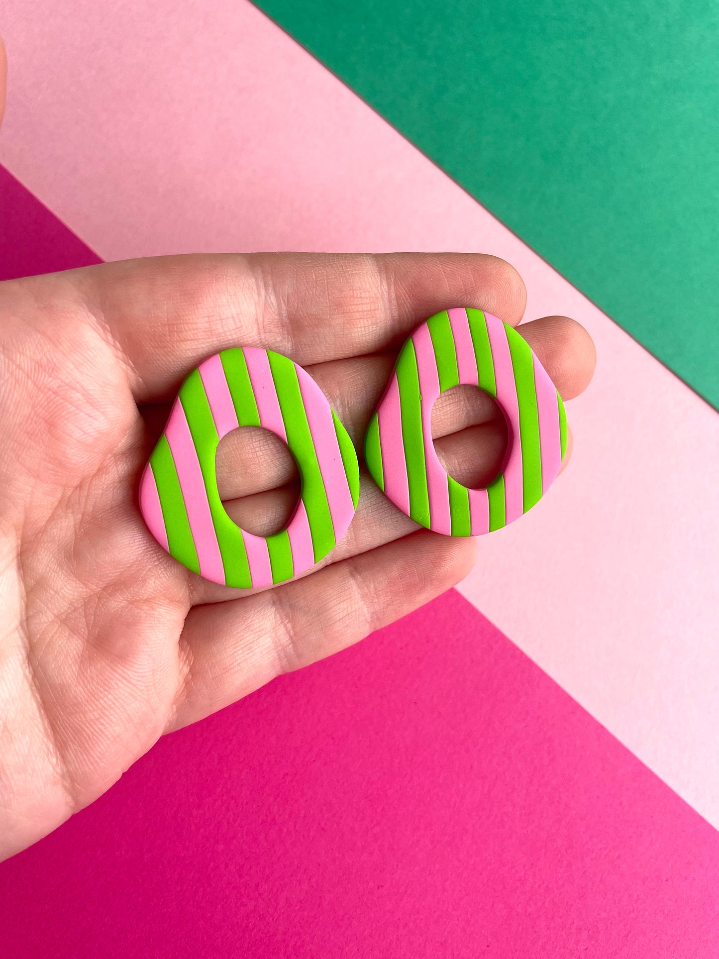 Striped Pink and Green Organic Oval Studs