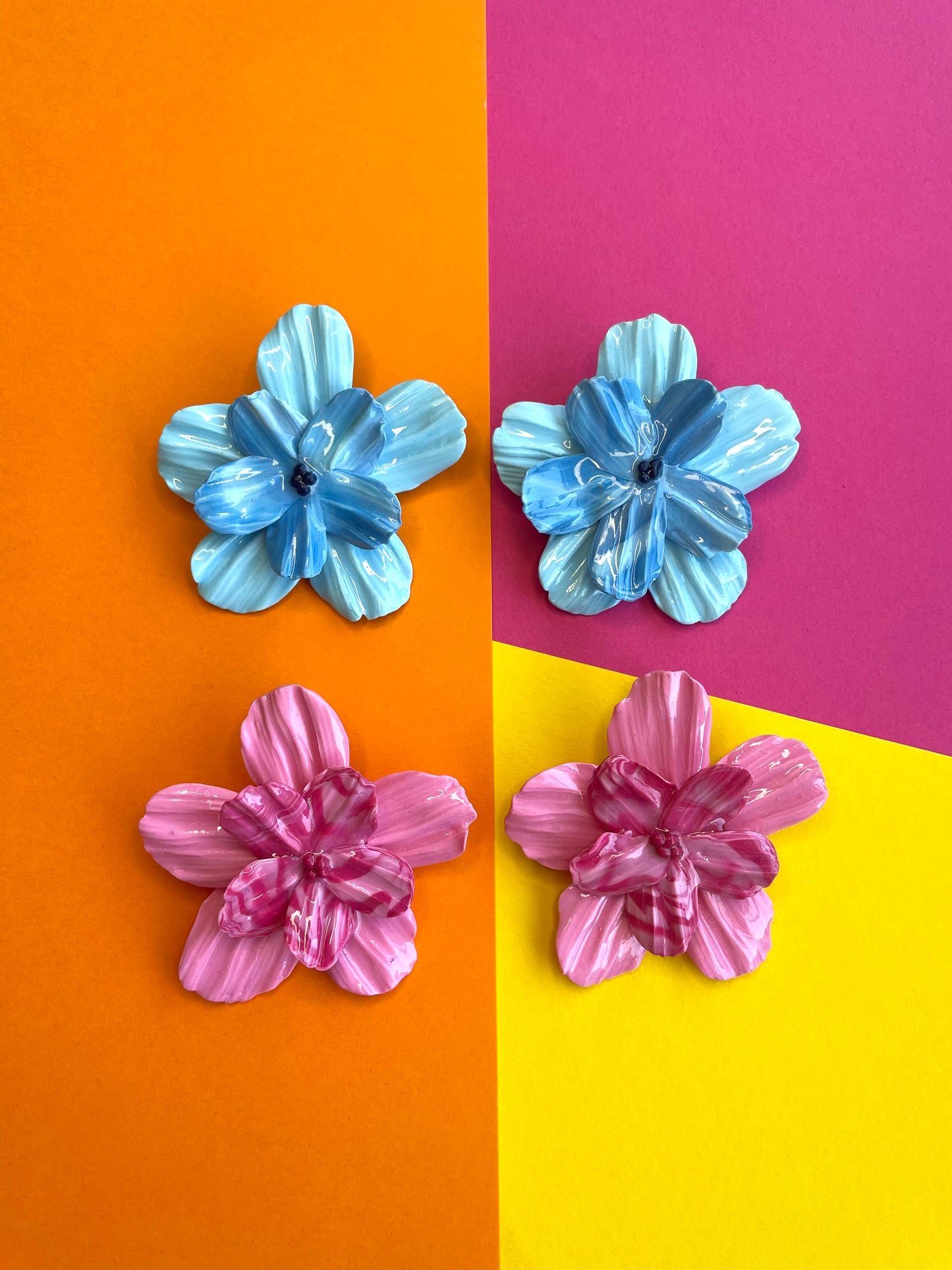 Large Pink Flower Dangle Studs