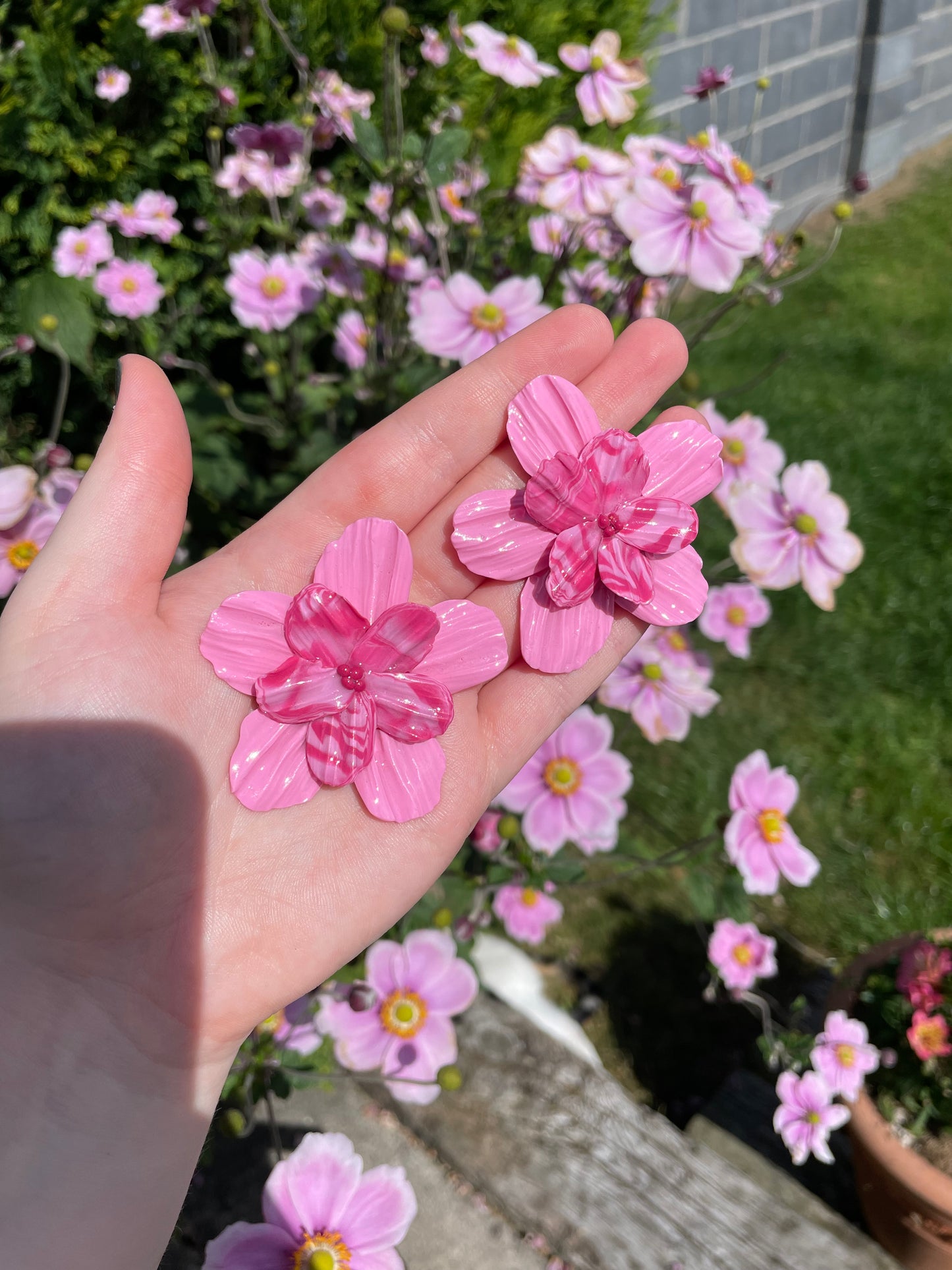 Large Pink Flower Dangle Studs