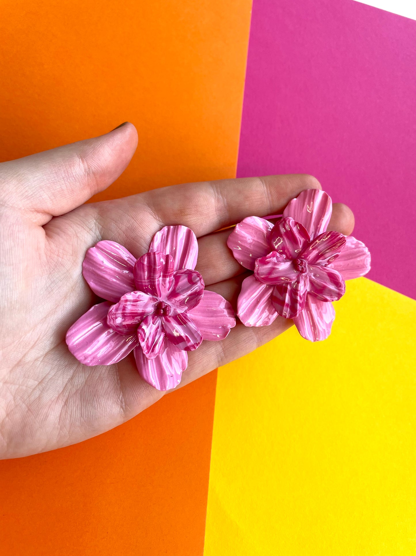Large Pink Flower Dangle Studs