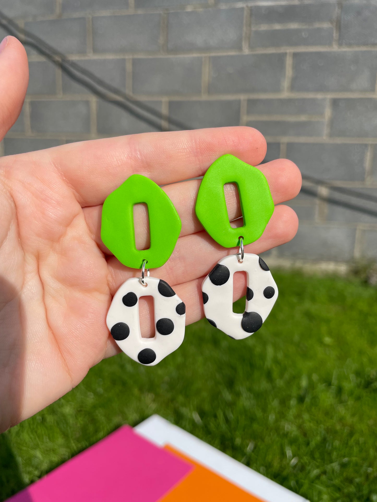 Polka Dot and Lime Green Dangle Earrings