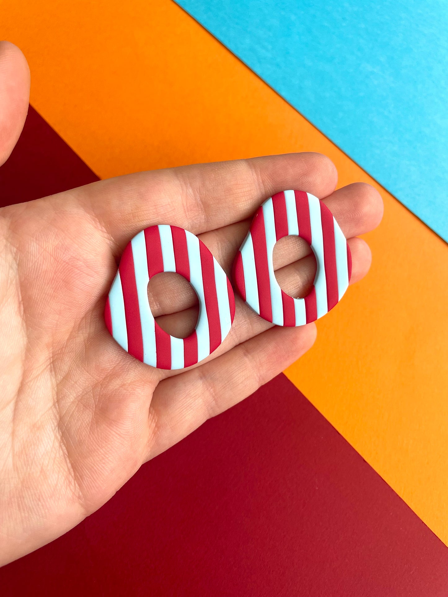 Striped Red and Blue Organic Oval Studs