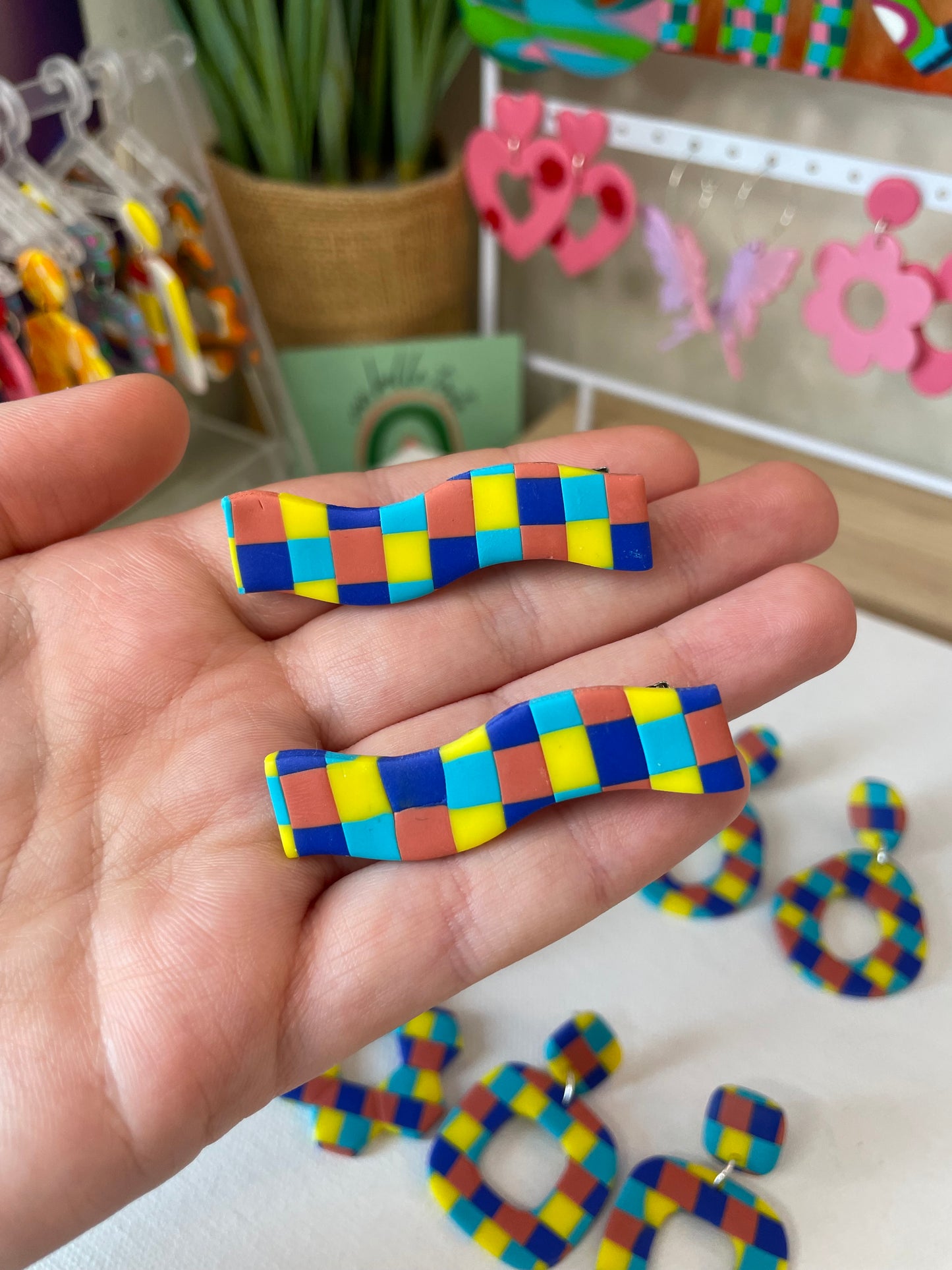 Yellow and Blues Checkerboard Hair Clip