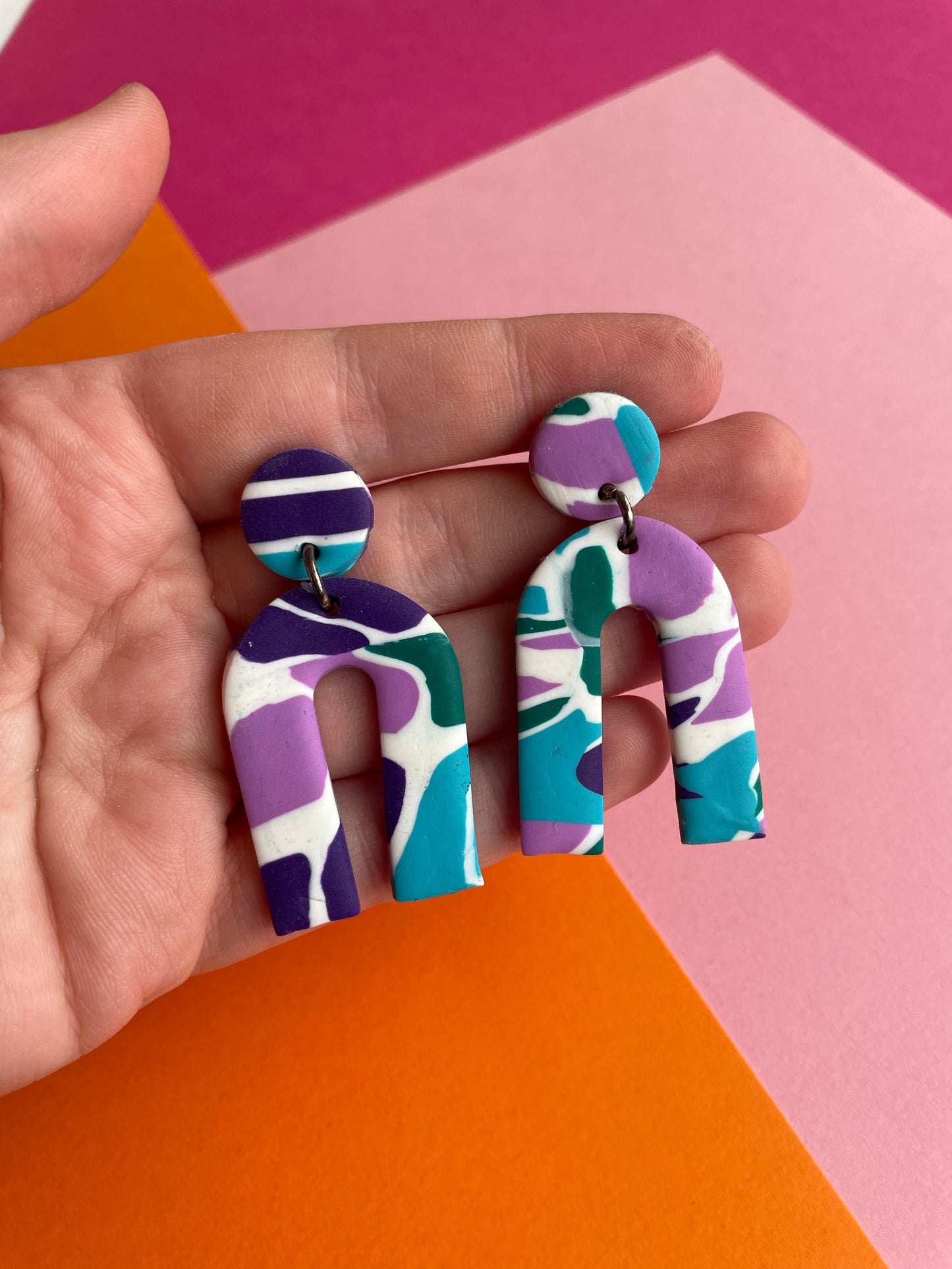 Blue, Purple and Green Marbled Arch Stud Earrings