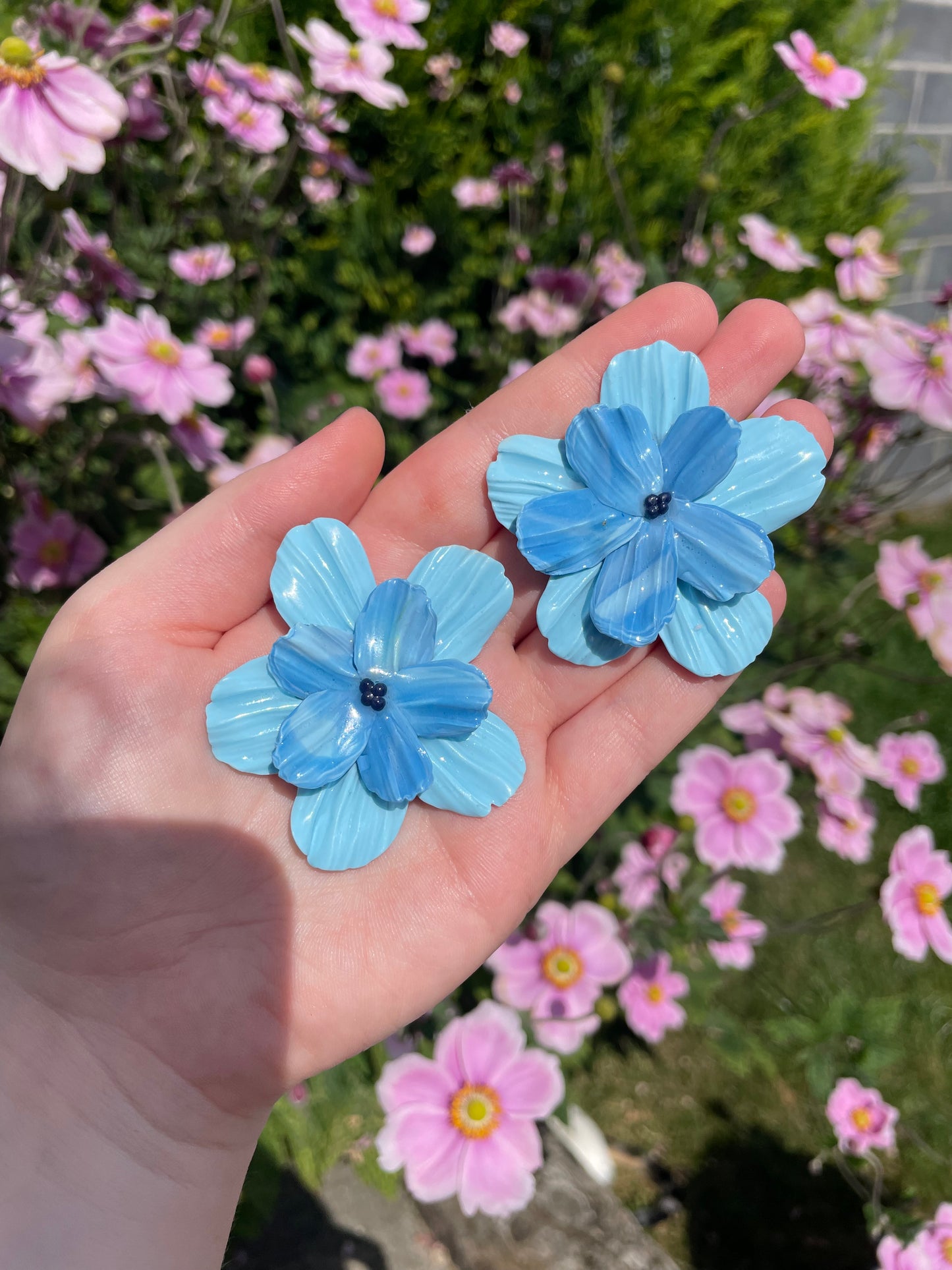 Large Blue Flower Dangle Studs