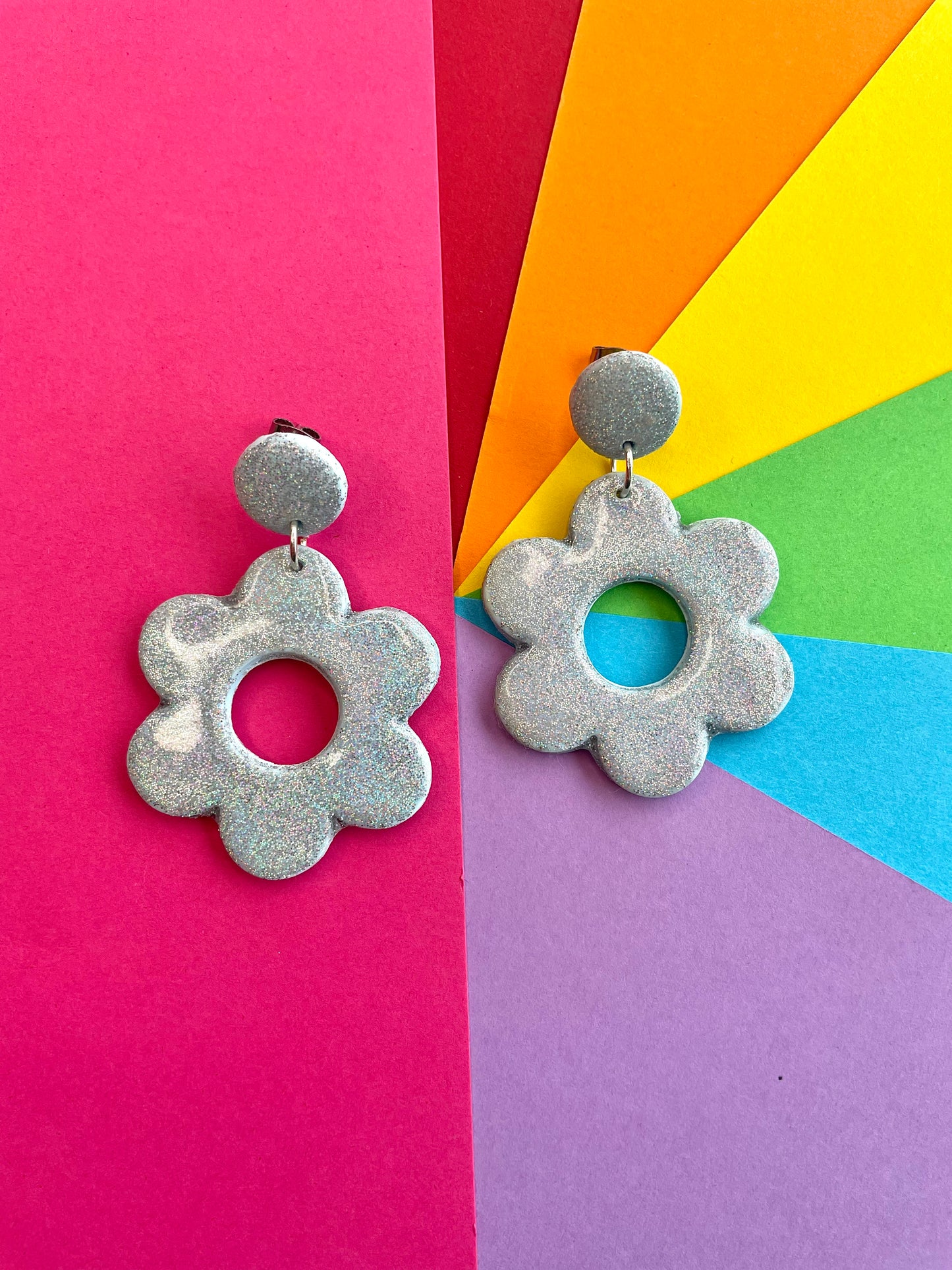 Sparkly Iridescent Disco Flower Earrings