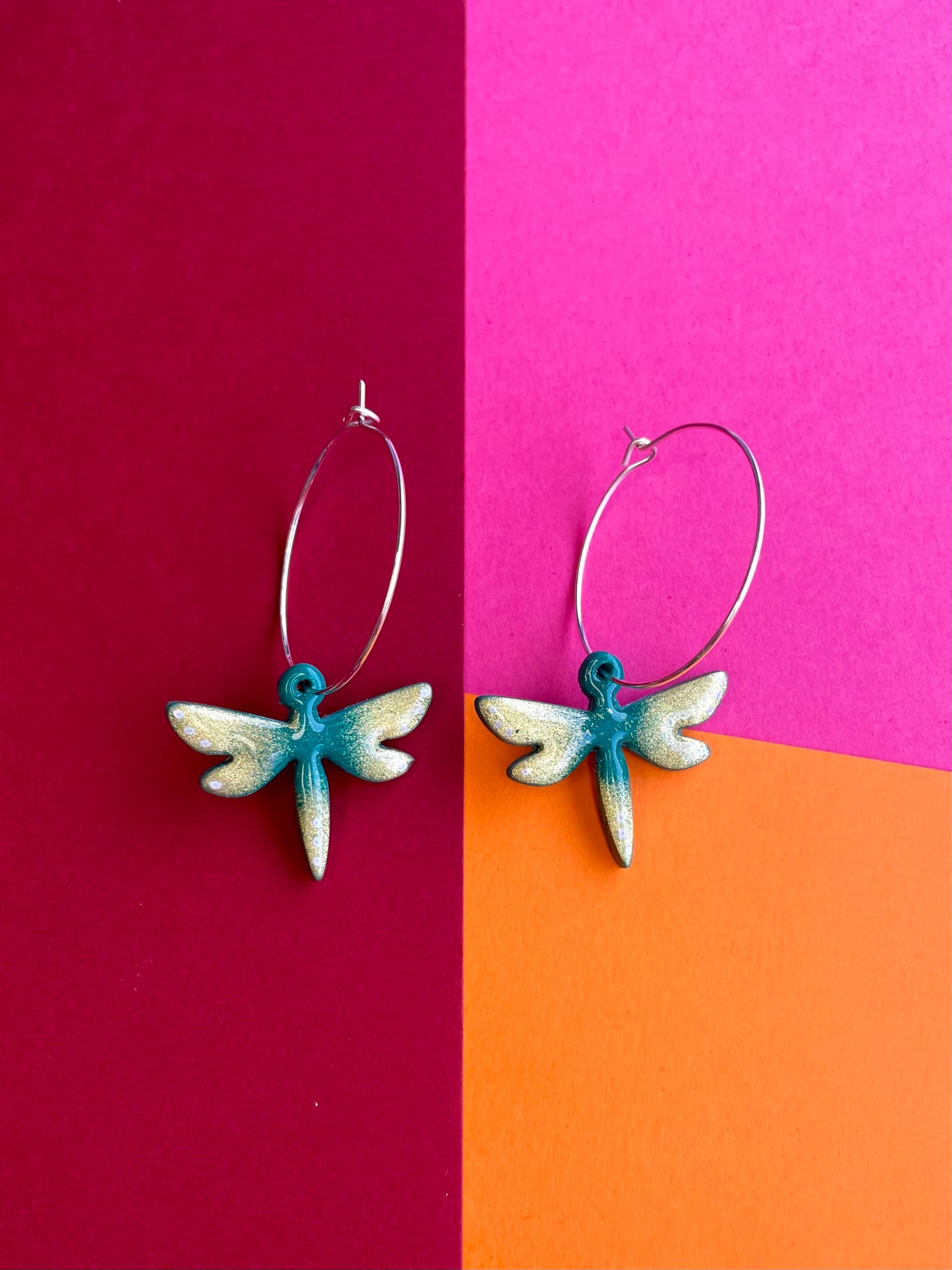 Emerald Green and Gold Dragonfly Hoops