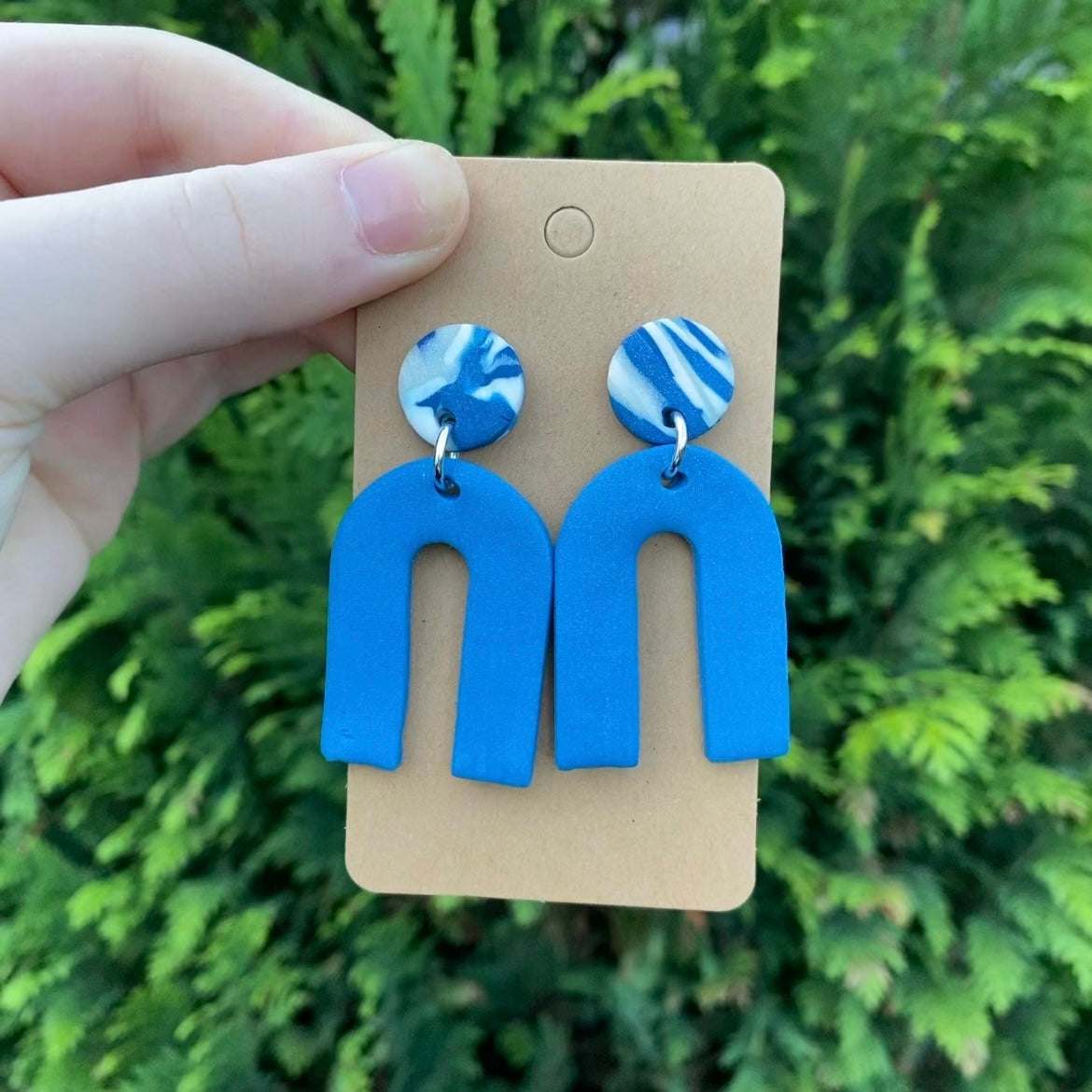 Blue, White, Pearl Marbled Arch Stud Earrings