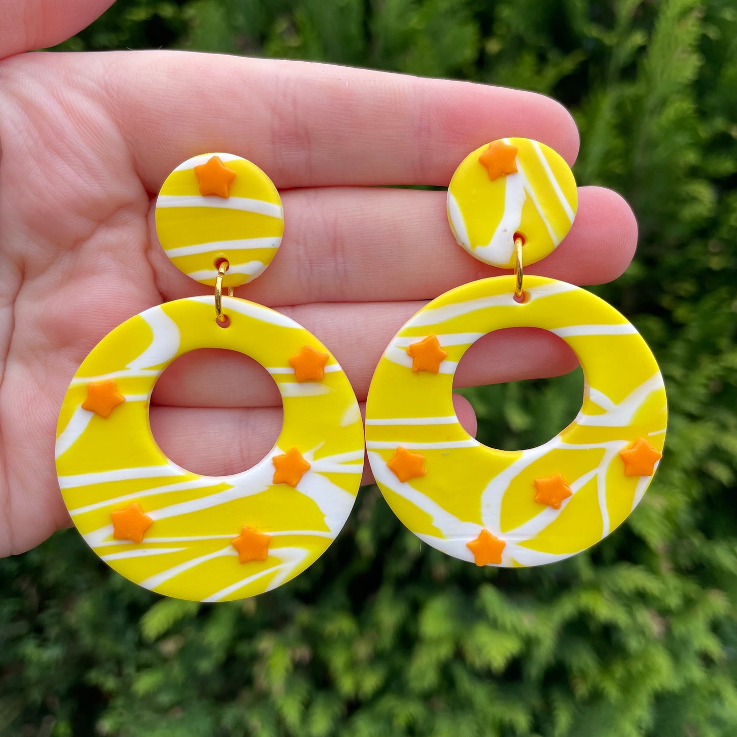 Yellow Summer Earrings with Orange Stars