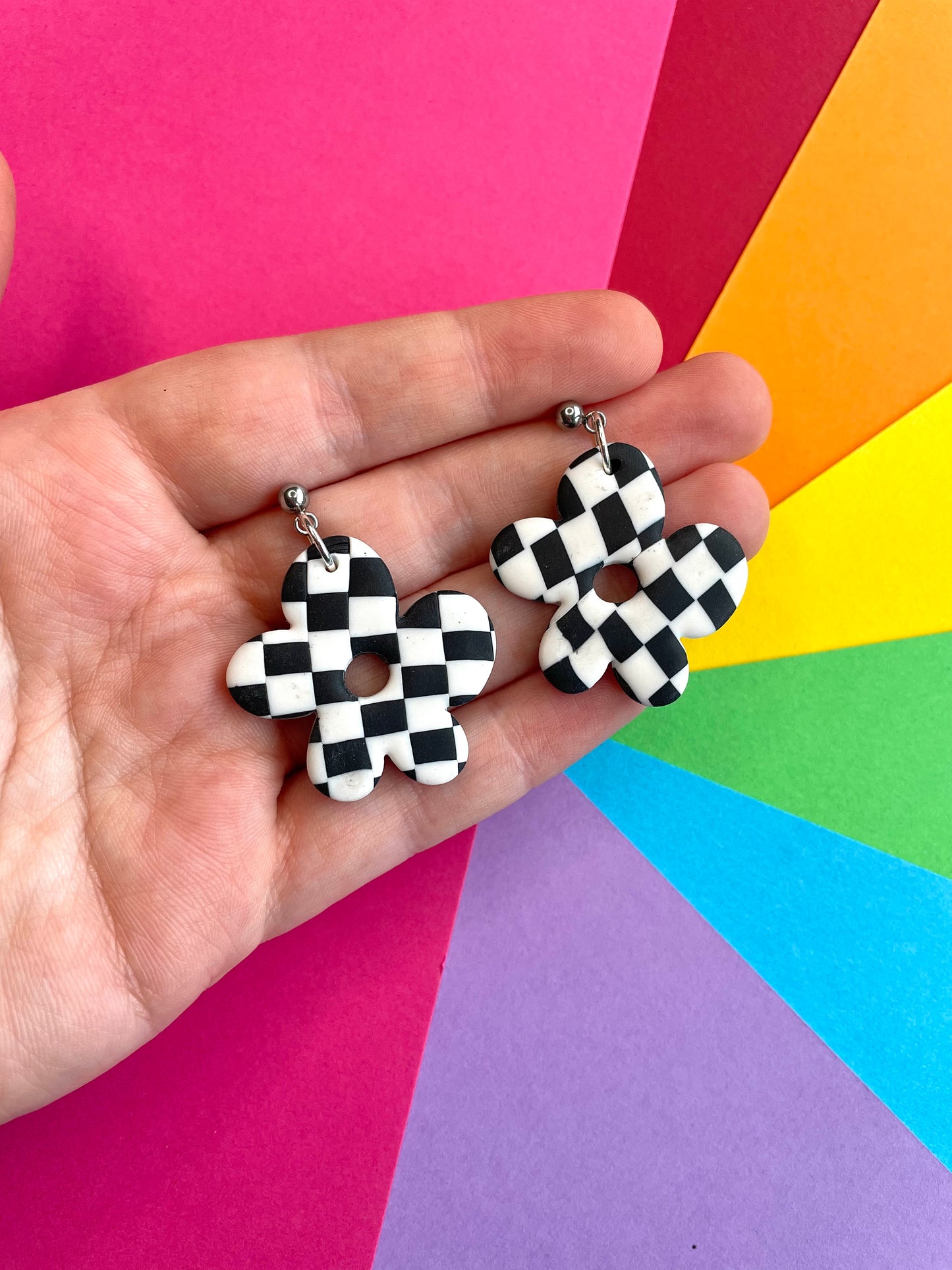 Black & White Checkerboard Flower Studs