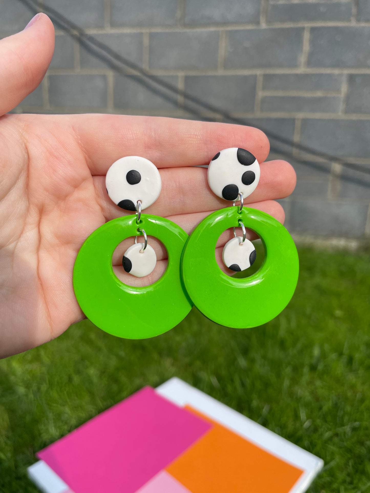 Lime Green & Polka Dot Glossy Circle Dangle Earrings