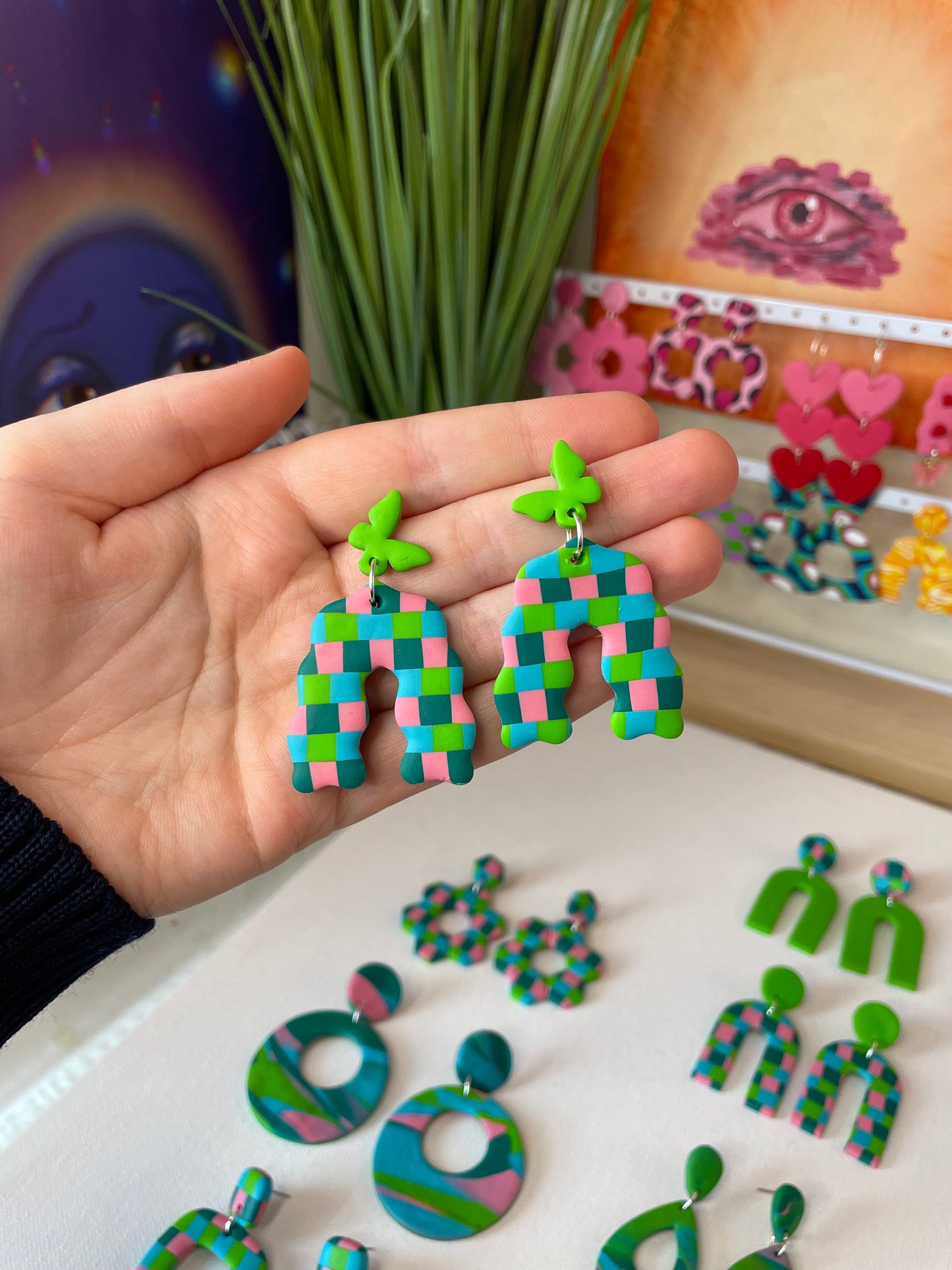 Checker-Board Butterfly Earrings