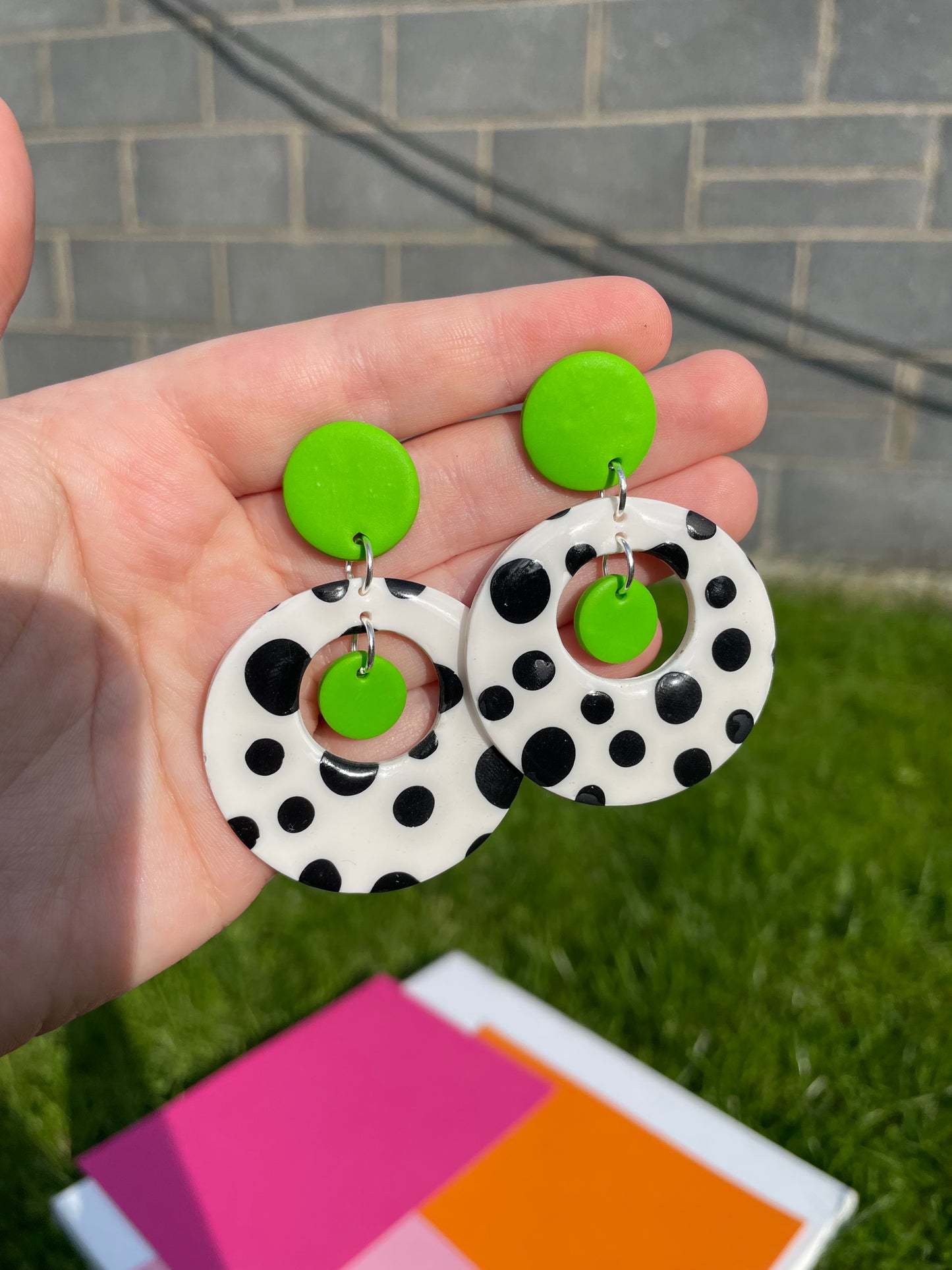 Polka Dot & Lime Green Glossy Circle Dangle Earrings