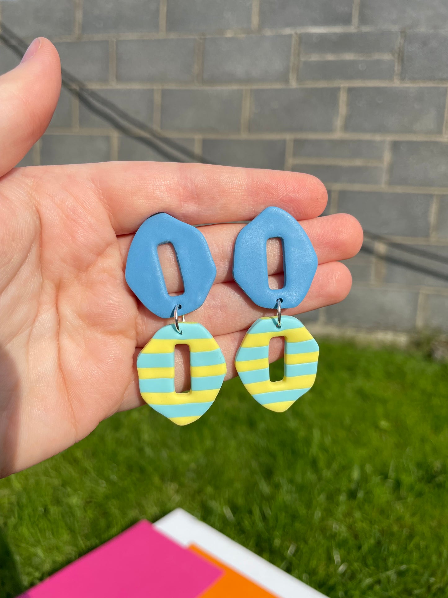Pastel Blue and Yellow Striped Dangle Earrings