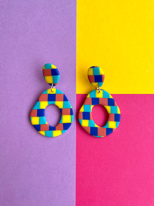 Yellow and Blues Checkerboard Earrings