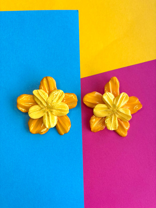 Yellow Glittery Flower Studs - Large
