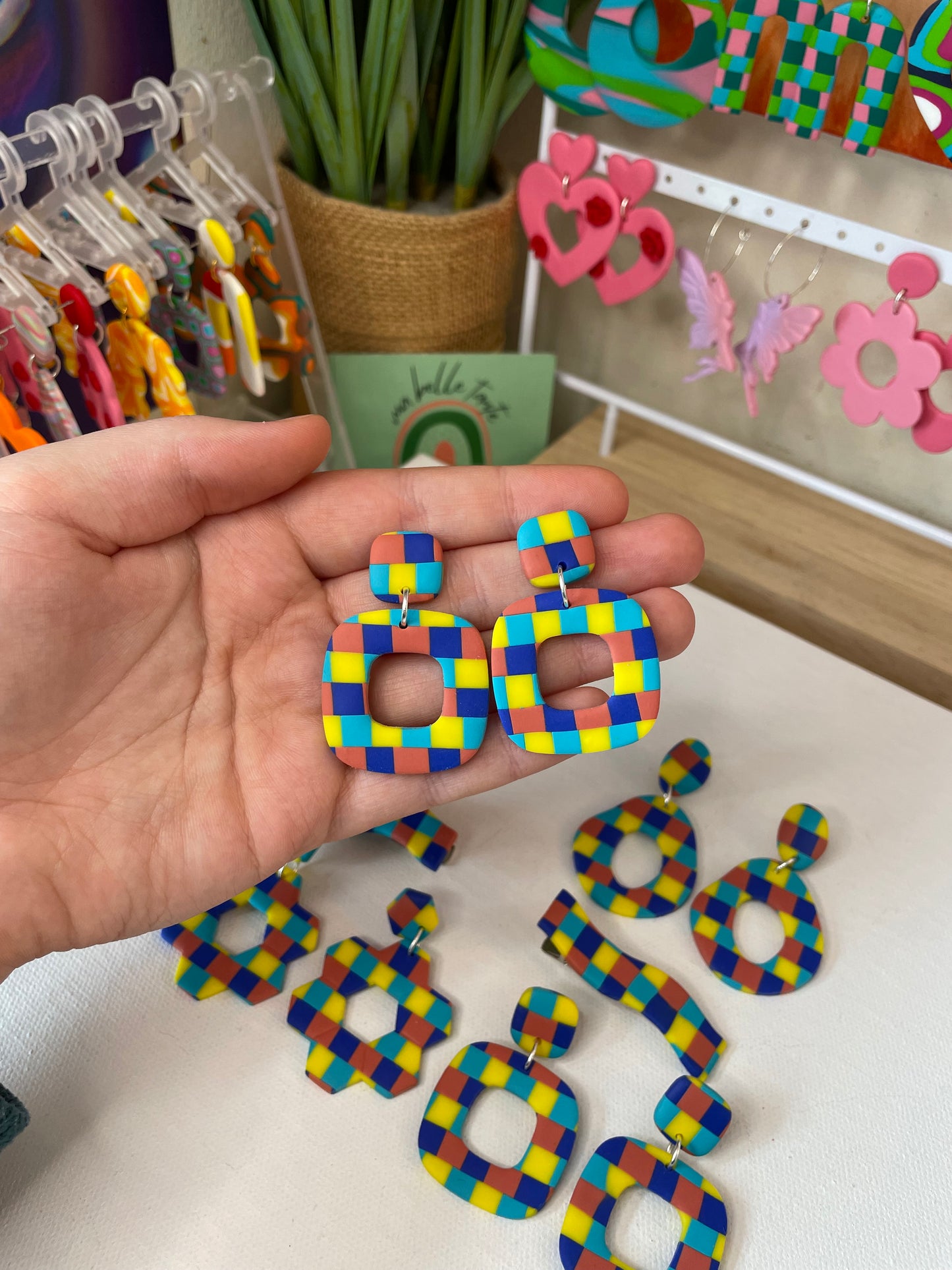 Yellow & Blues Checkerboard Square Earrings