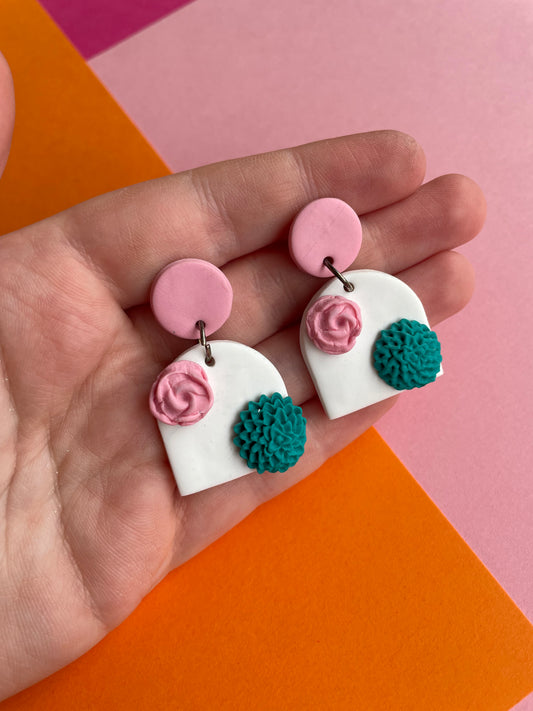 Florals on White Stud Dangle Earrings