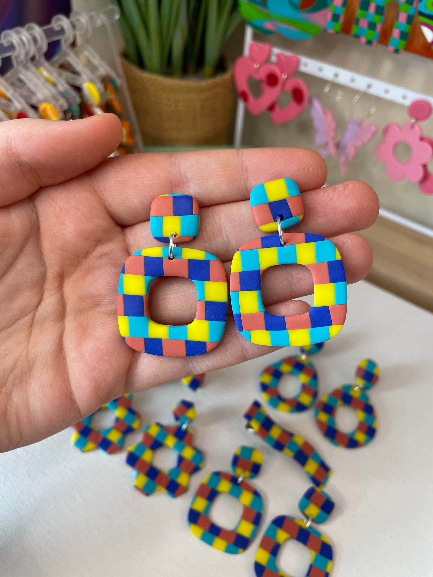 Yellow & Blues Checkerboard Square Earrings