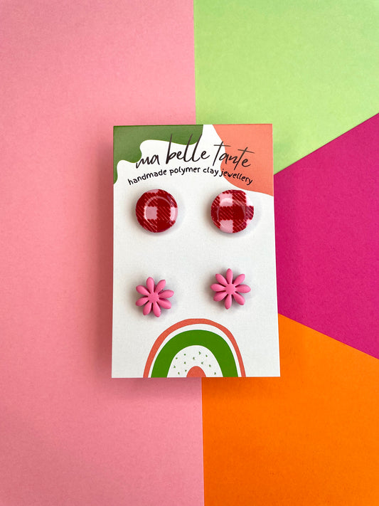 Red Gingham & Pink Flower Stud Pack