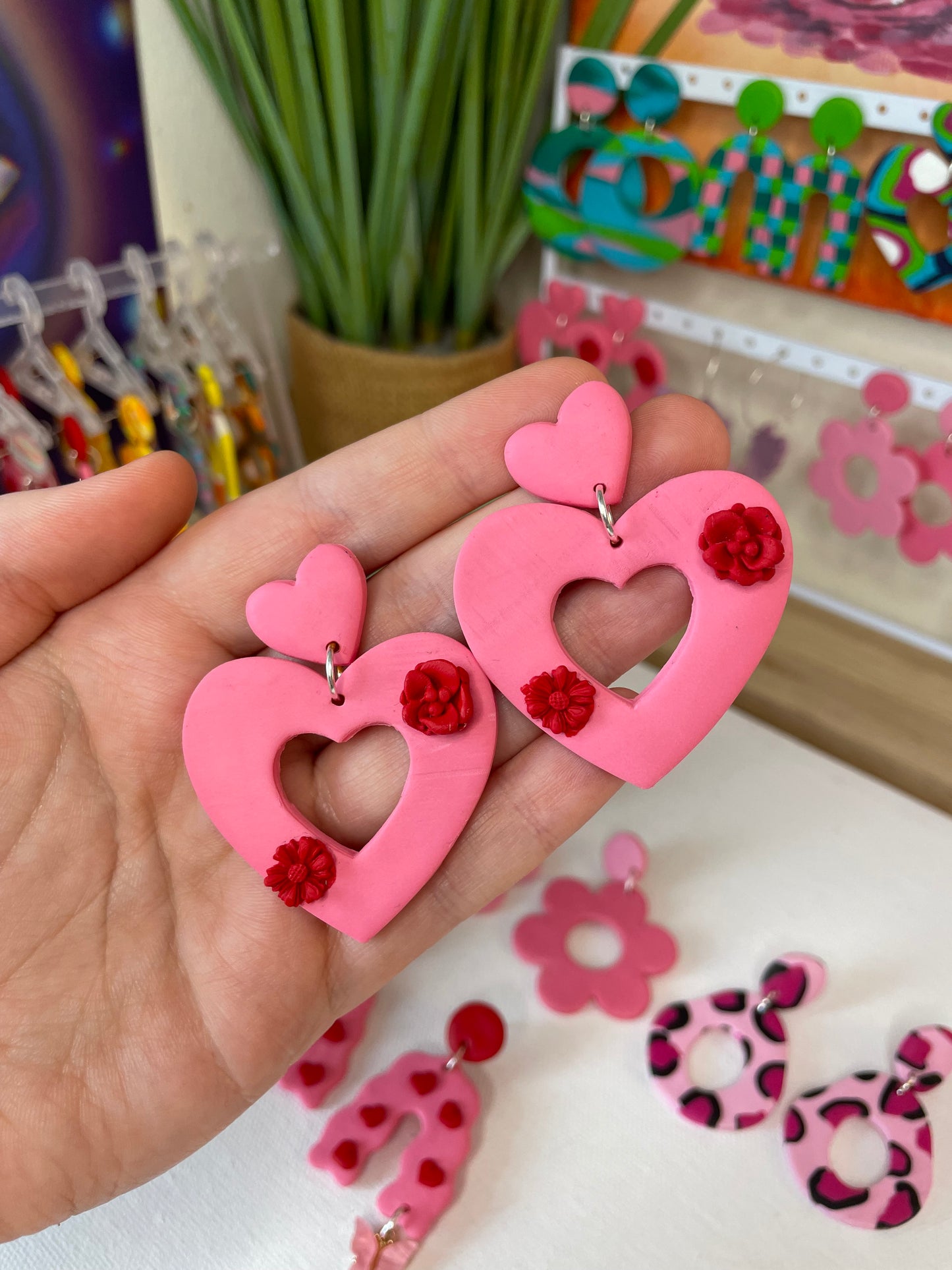 Pink Heart Earrings with Red Flowers