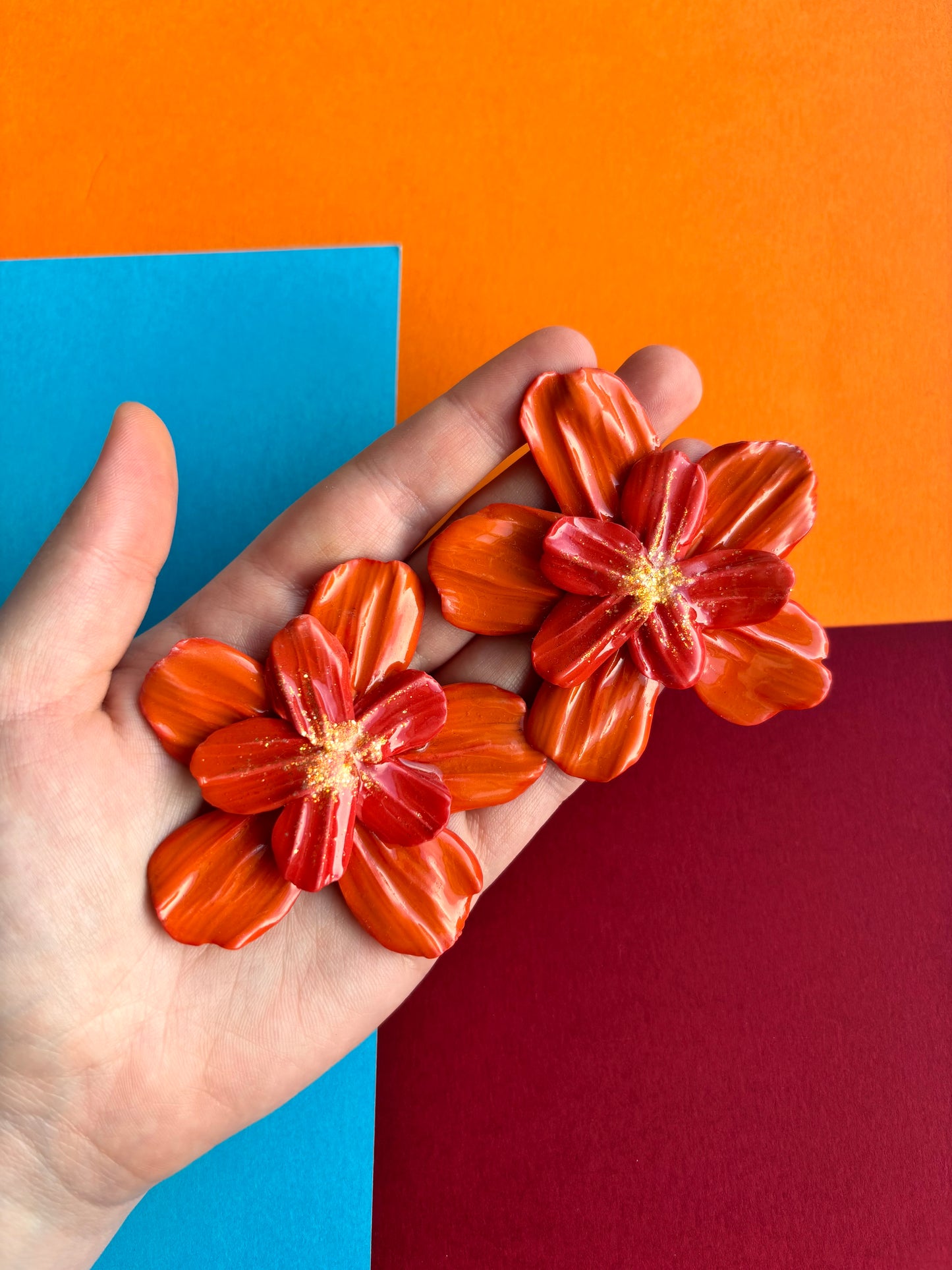 Orange Glittery Flower Studs - Large