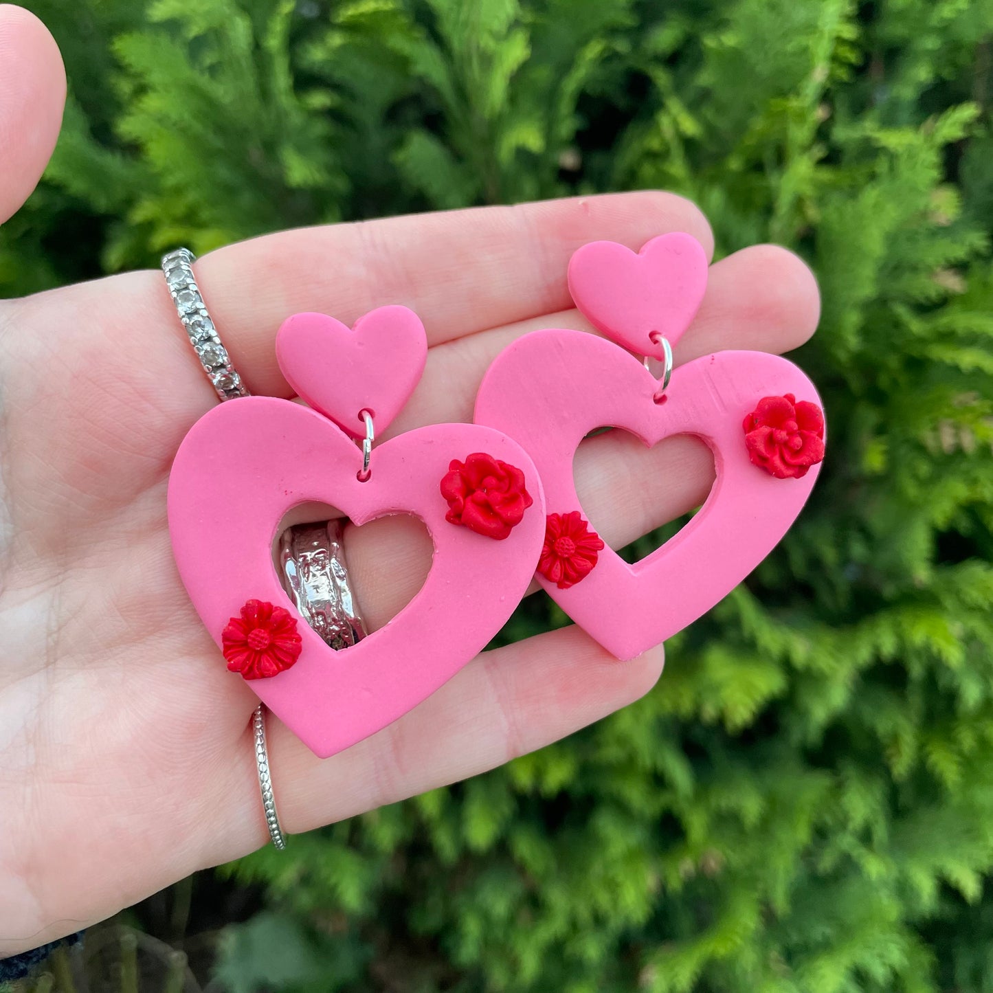 Pink Heart Earrings with Red Flowers