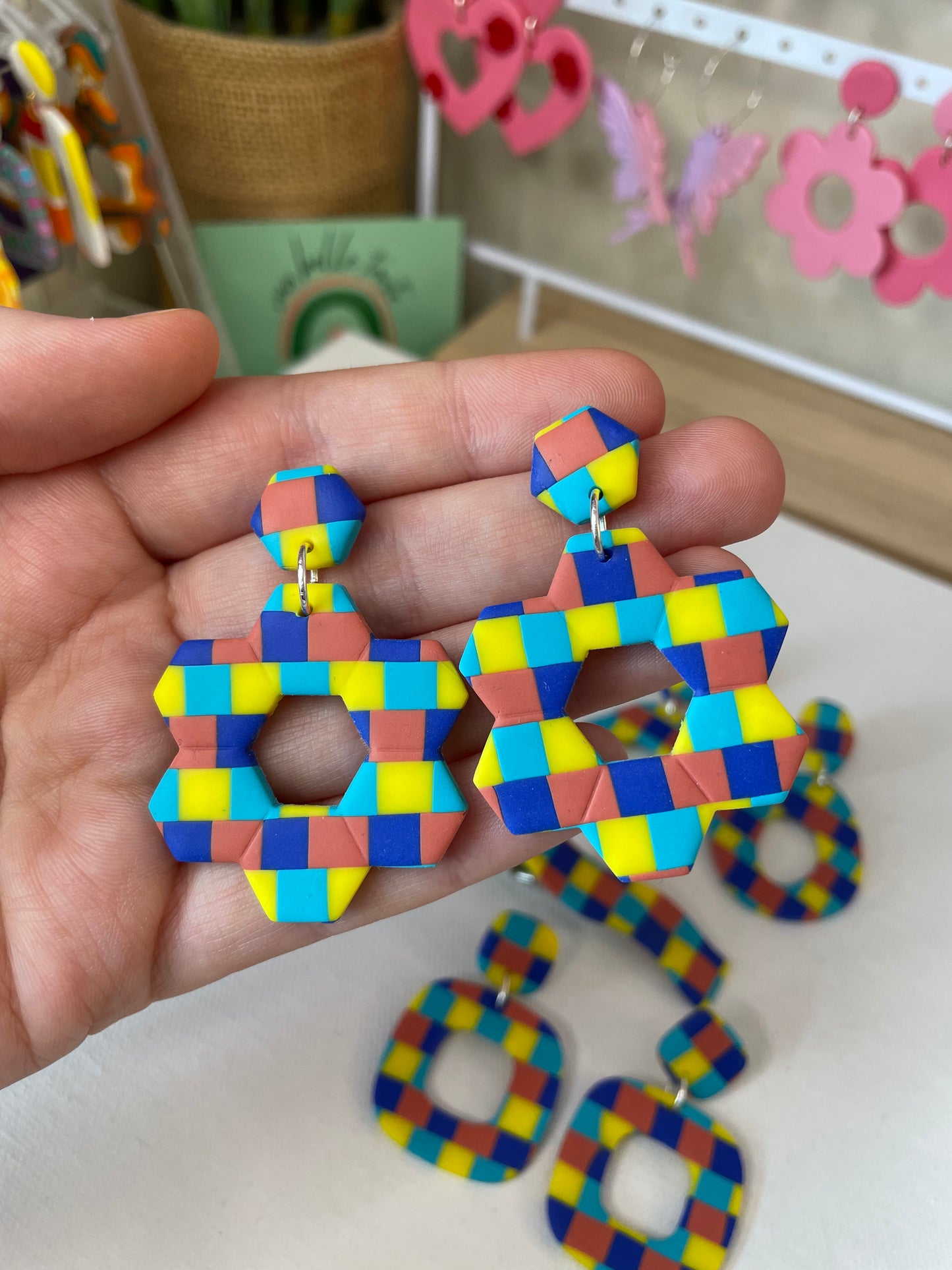 Yellow and Blues Hexagon Earrings