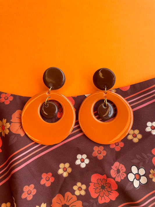 70s Retro Groovy Burnt Orange Circle Earrings