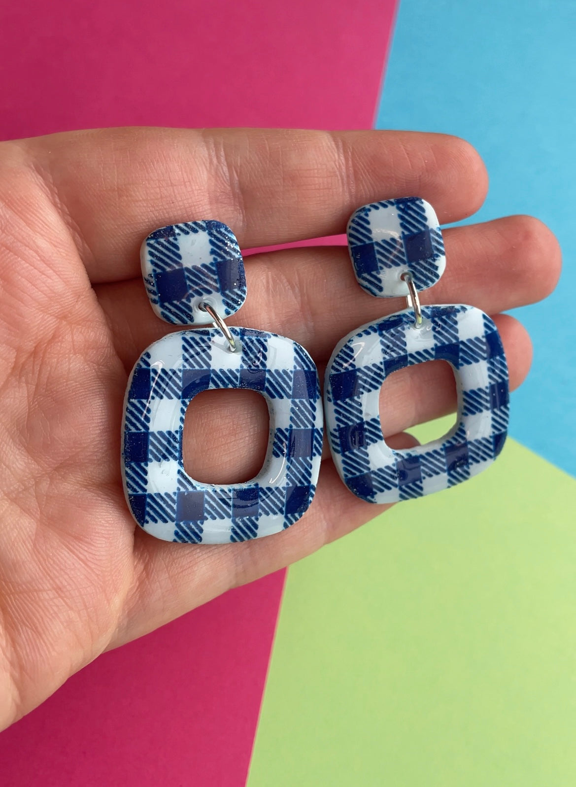 Blue Gingham Square Studs