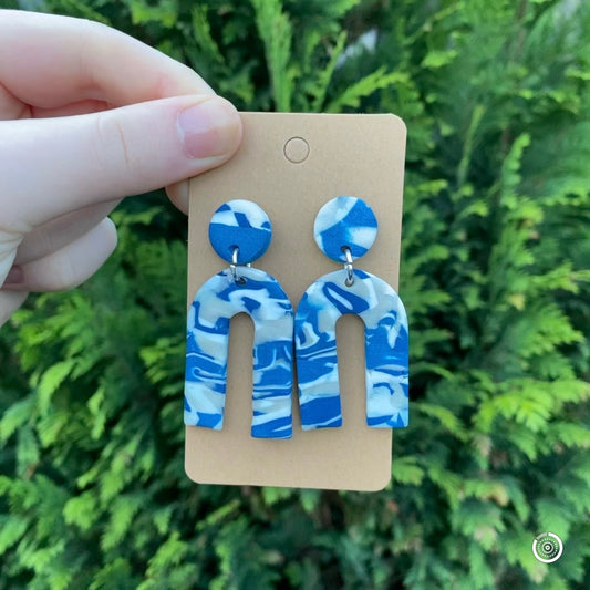 Blue, White, Pearl Marbled Arch Stud Earrings