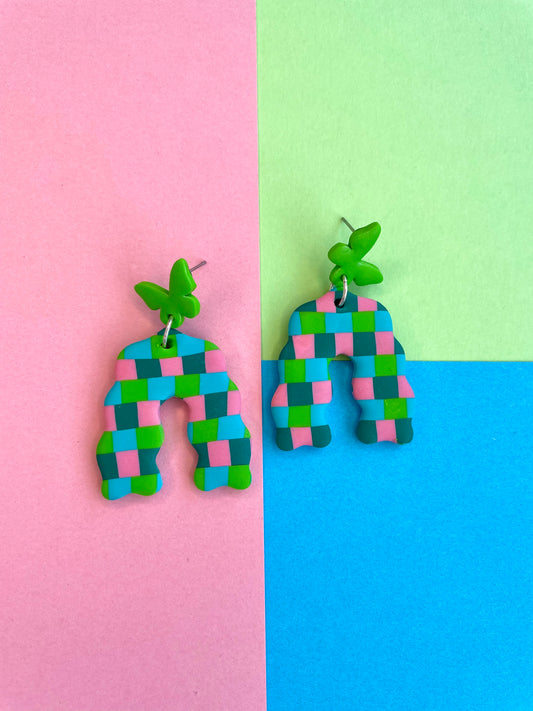 Checker-Board Butterfly Earrings