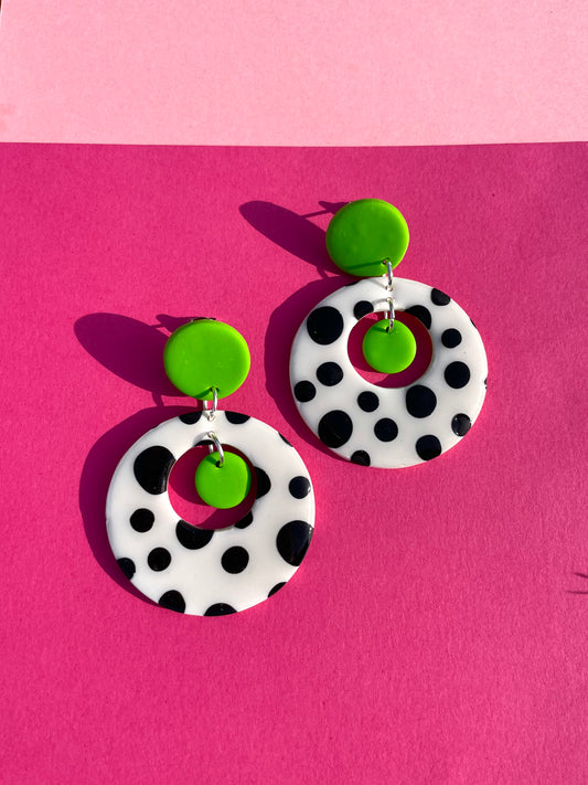 Polka Dot & Lime Green Glossy Circle Dangle Earrings