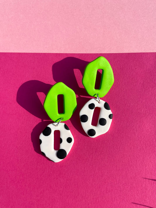 Polka Dot and Lime Green Dangle Earrings