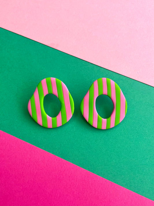 Striped Pink and Green Organic Oval Studs