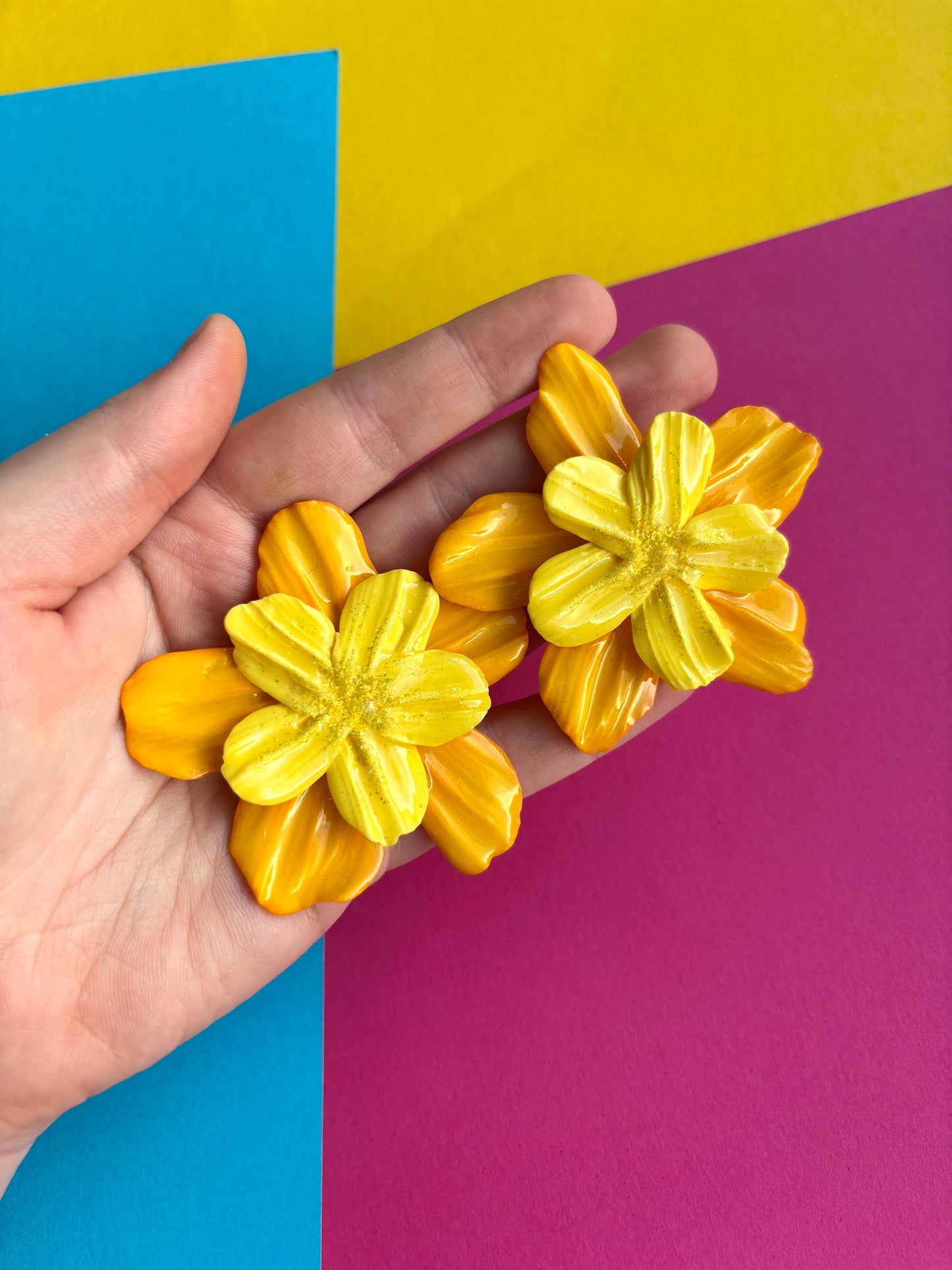 Yellow Glittery Flower Studs - Large