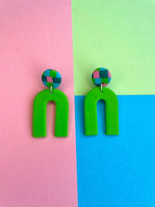 Lime Green Checker-Board Arched Earrings