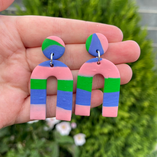 Green, Blue and Pink Striped Arch Stud Earrings