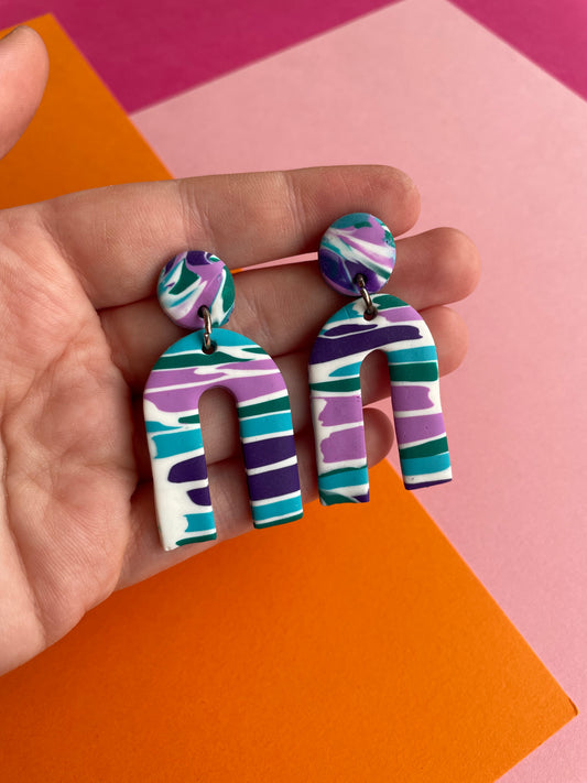 Blue, Purple and Green Marbled Arch Stud Earrings