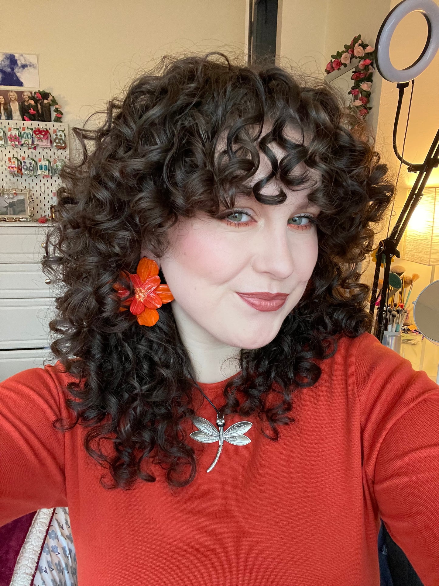 Orange Glittery Flower Studs - Large