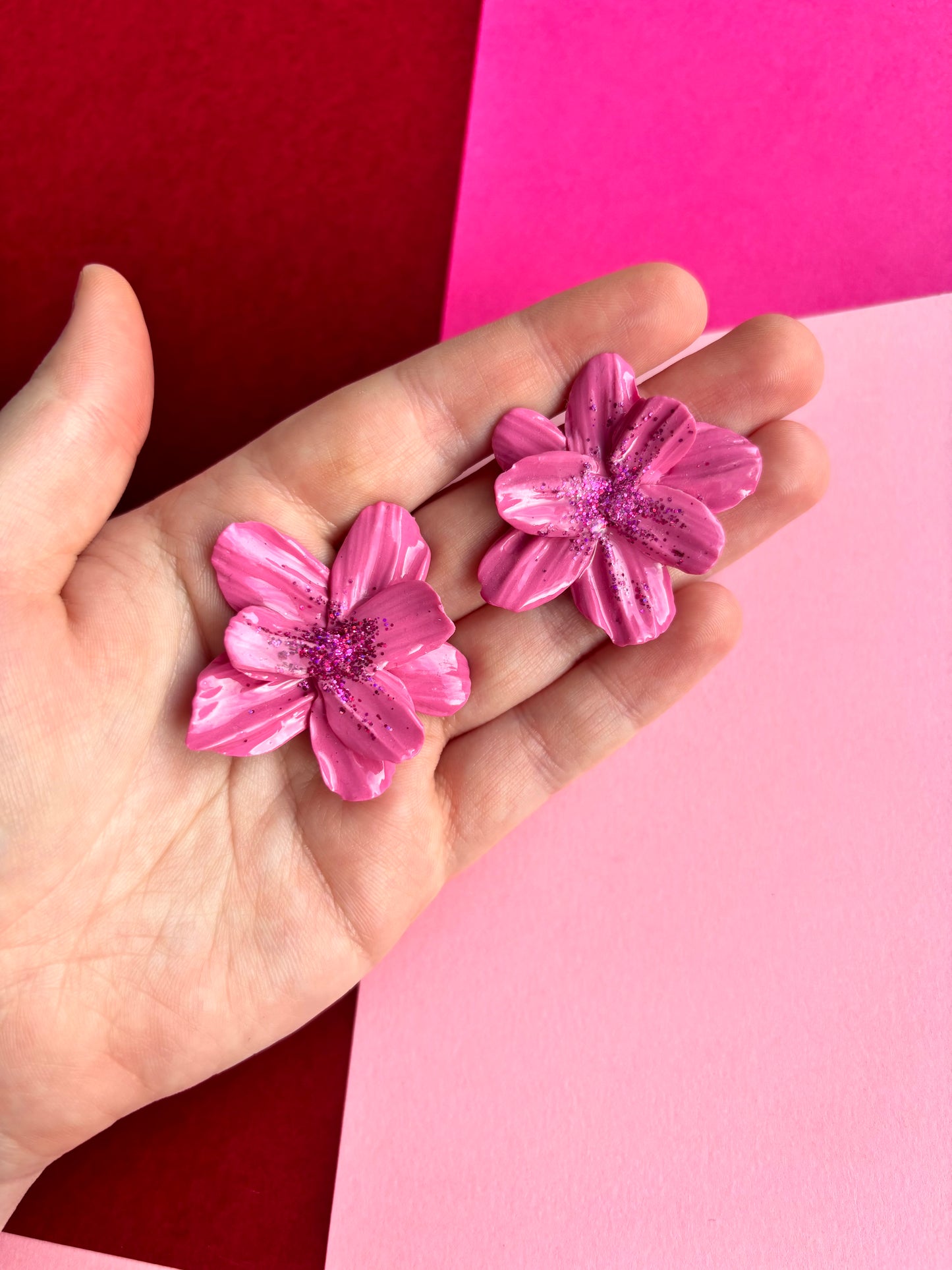 Pink Glittery Flower Studs - Small