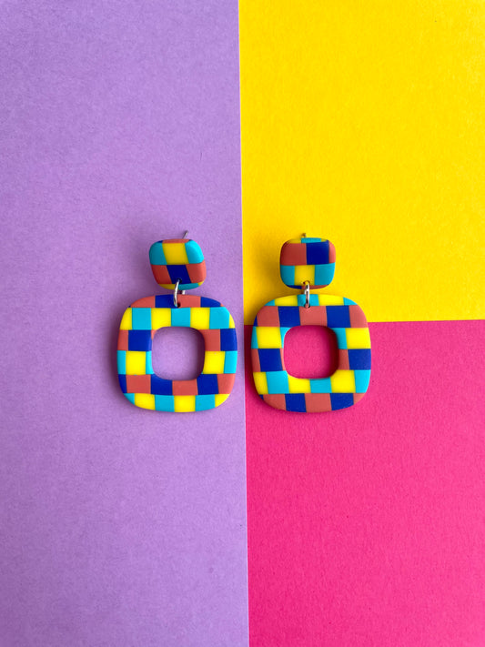 Yellow & Blues Checkerboard Square Earrings