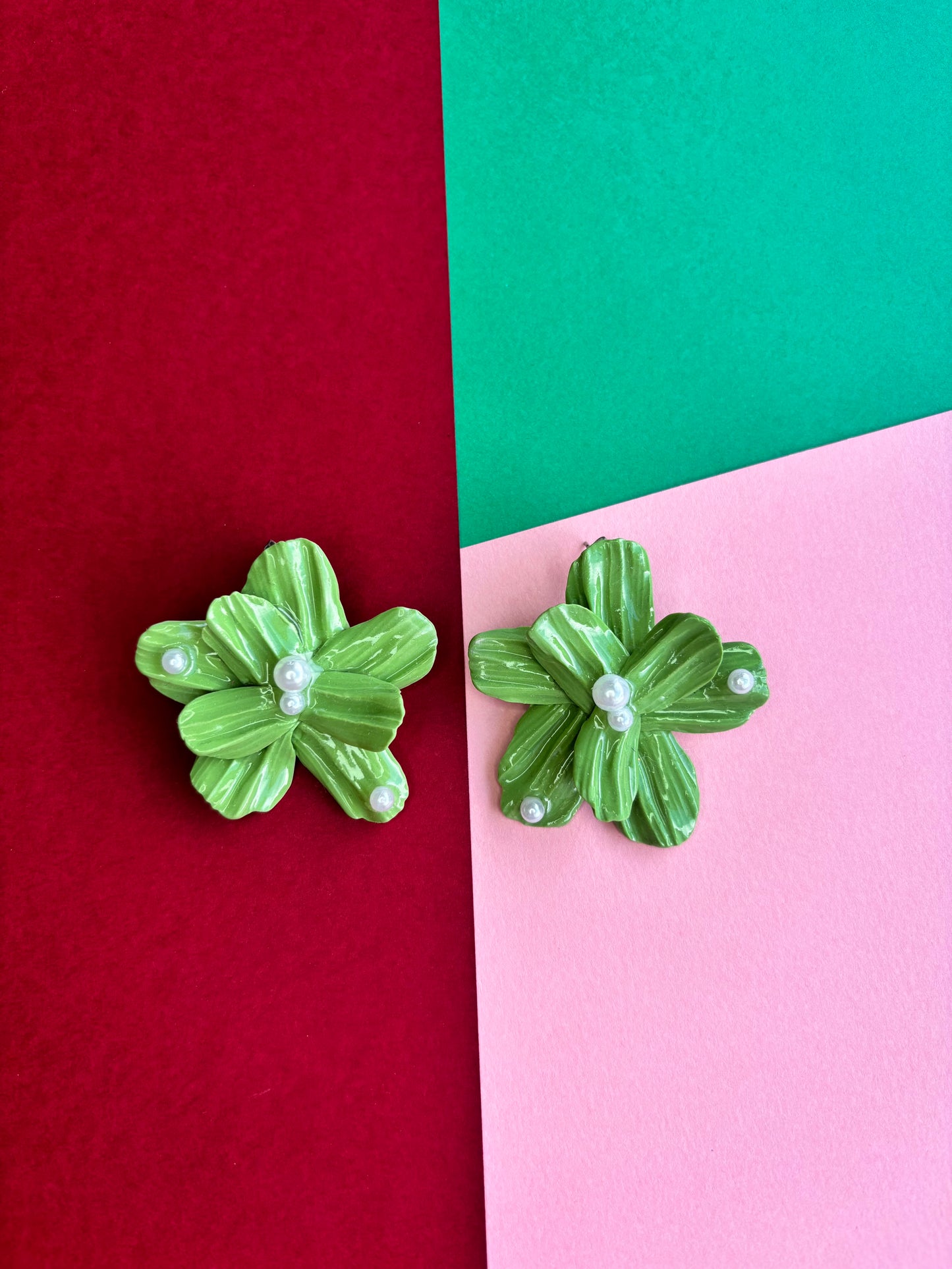 Green Pearl Flower Studs