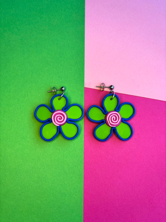 Green and Pinnk Swirly Flower Earrings