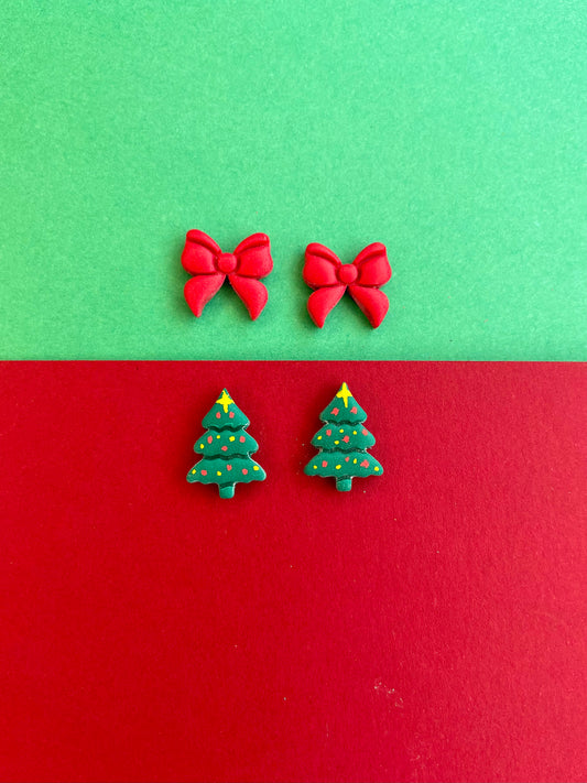 Christmas Tree and Bows Stud Earrings