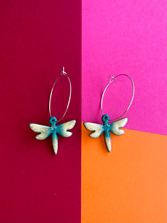 Emerald Green and Gold Dragonfly Hoops