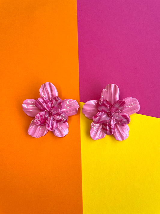 Large Pink Flower Dangle Studs