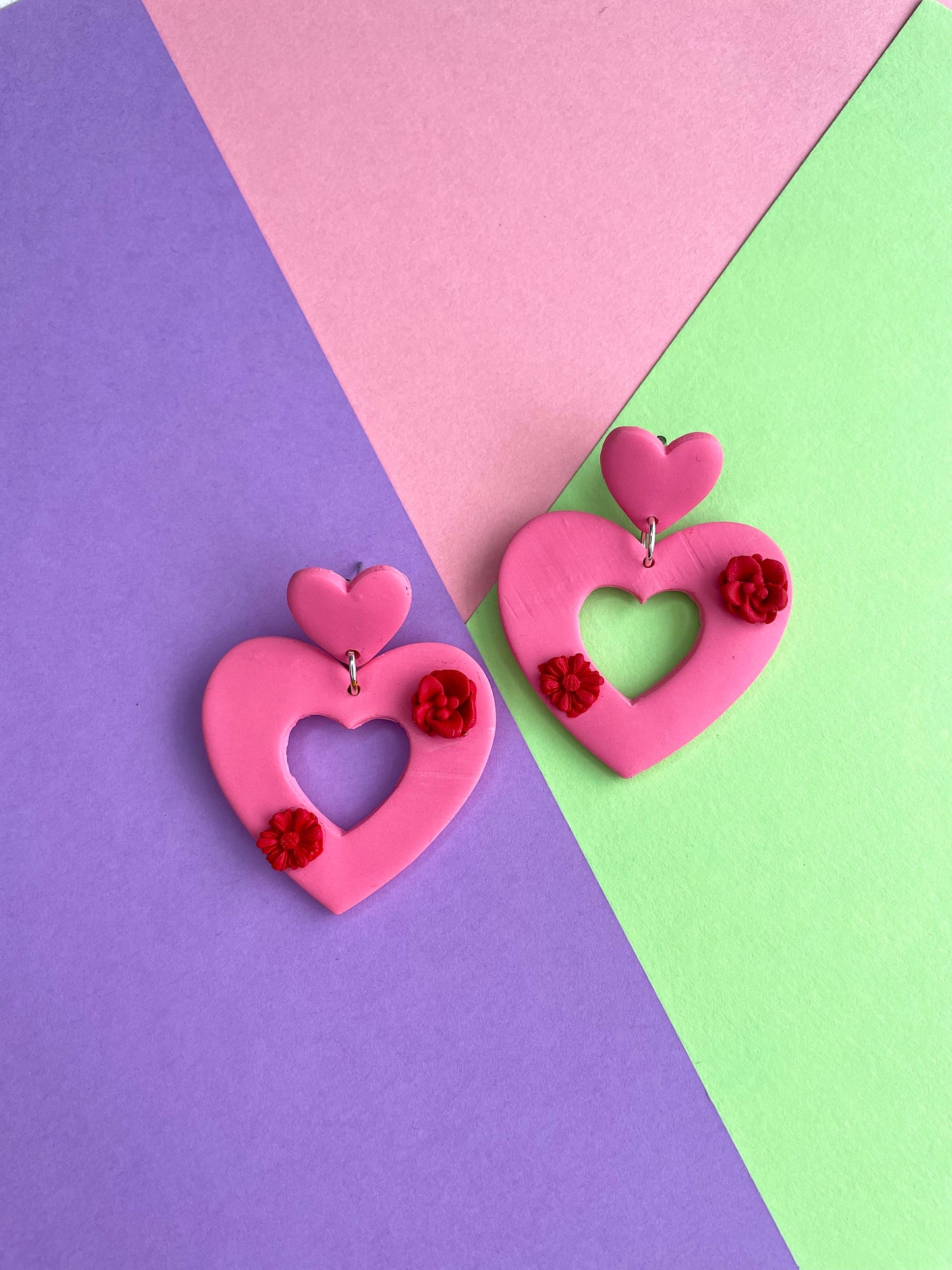 Pink Heart Earrings with Red Flowers